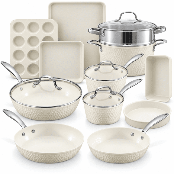 Gotham Steel Hammered 15 Pc Pots and Pans Set Non Stick Cookware Set, Pot and Pan Set Ceramic Cookware Set with Bakeware, Kitchen Cookware Sets, Non Toxic Non Stick Pots and Pan Set, Cream