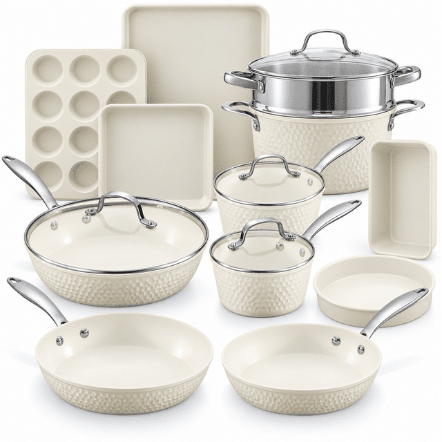 Gotham Steel Hammered 15 Pc Pots and Pans Set Non Stick Cookware Set, Pot and Pan Set Ceramic Cookware Set with Bakeware, Kitchen Cookware Sets, Non Toxic Non Stick Pots and Pan Set, Cream