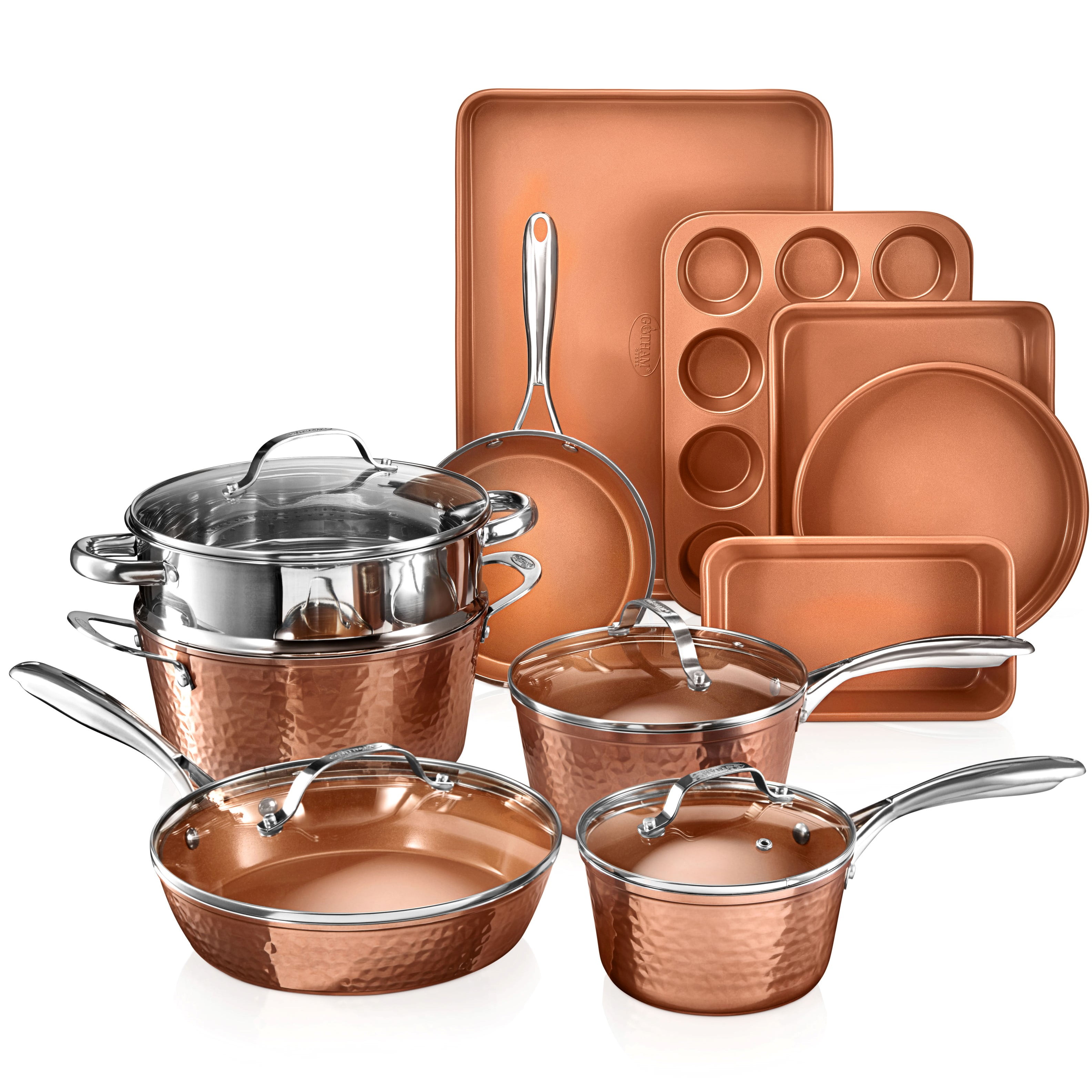 Gotham Steel Hammered Copper 10 Pc Pots and Pans Set Non Stick Cookware  Set, Non Toxic Ceramic Cookware Set, Kitchen Cookware Sets with Induction