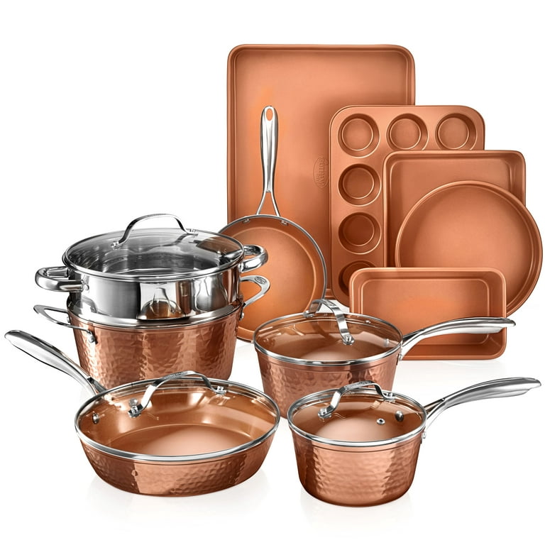 Gotham Steel Hammered Copper Collection – 15 Piece Premium Cookware &  Bakeware Set & Hammered Collection Pots and Pans 10 Piece Premium Ceramic