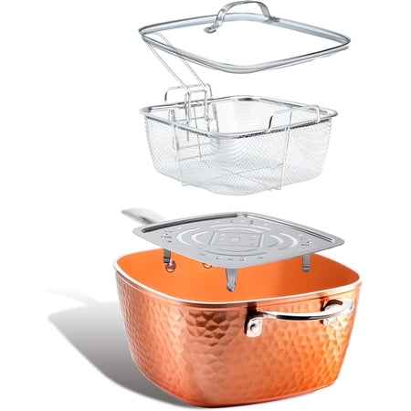 Gotham Steel Nonstick Square Deep Frying Pan, 9.5” Large Cooking Pan with Ceramic Nonstick Coating, Deep Fryer Pot with Basket, 4 Pc Titanium Ceramic with Lid, Basket & Steamer Tray, Dishwasher Safe