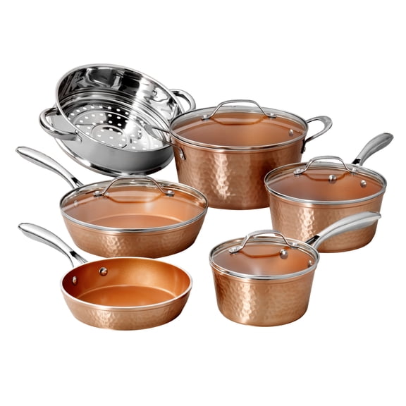 Gotham Steel Hammered 10 Pc Ceramic Pots and Pans Set Non stick, Ceramic Cookware Set, Pots and Pans for Cooking, Non Toxic Pot and Pan Set, Kitchen Set, Oven/Dishwasher Safe, Copper