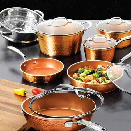 Gotham Steel Hammered 10 Pc Ceramic Pots and Pans Set Non stick, Ceramic Cookware Set, Pots and Pans for Cooking, Non Toxic Pot and Pan Set, Kitchen Set, Oven/Dishwasher Safe, Copper