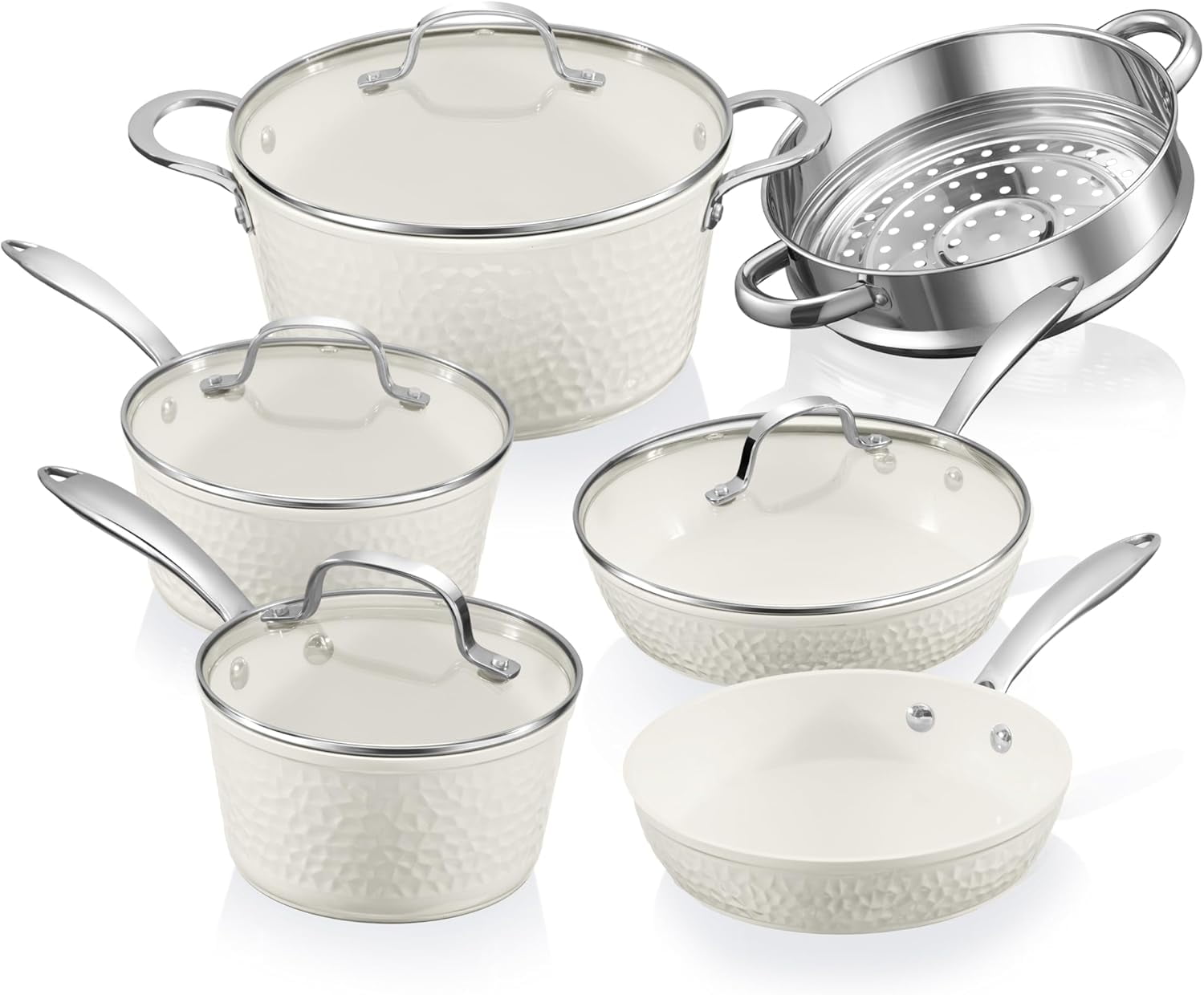 Gotham Steel Hammered 15 Pc Ceramic Pots and Pans Set Non stick, Ceramic Cookware Set with Utensils, Pots and Pans for Cooking, Non Toxic Pot and Pan Set, Kitchen Set, Oven/Dishwasher Safe, Cream