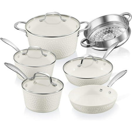 Gotham Steel Hammered 15 Pc Ceramic Pots and Pans Set Non stick, Ceramic Cookware Set with Utensils, Pots and Pans for Cooking, Non Toxic Pot and Pan Set, Kitchen Set, Oven/Dishwasher Safe, Cream