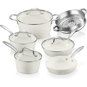 Gotham Steel Hammered 15 Pc Ceramic Pots and Pans Set Non stick, Ceramic Cookware Set with Utensils, Pots and Pans for Cooking, Non Toxic Pot and Pan Set, Kitchen Set, Oven/Dishwasher Safe, Cream