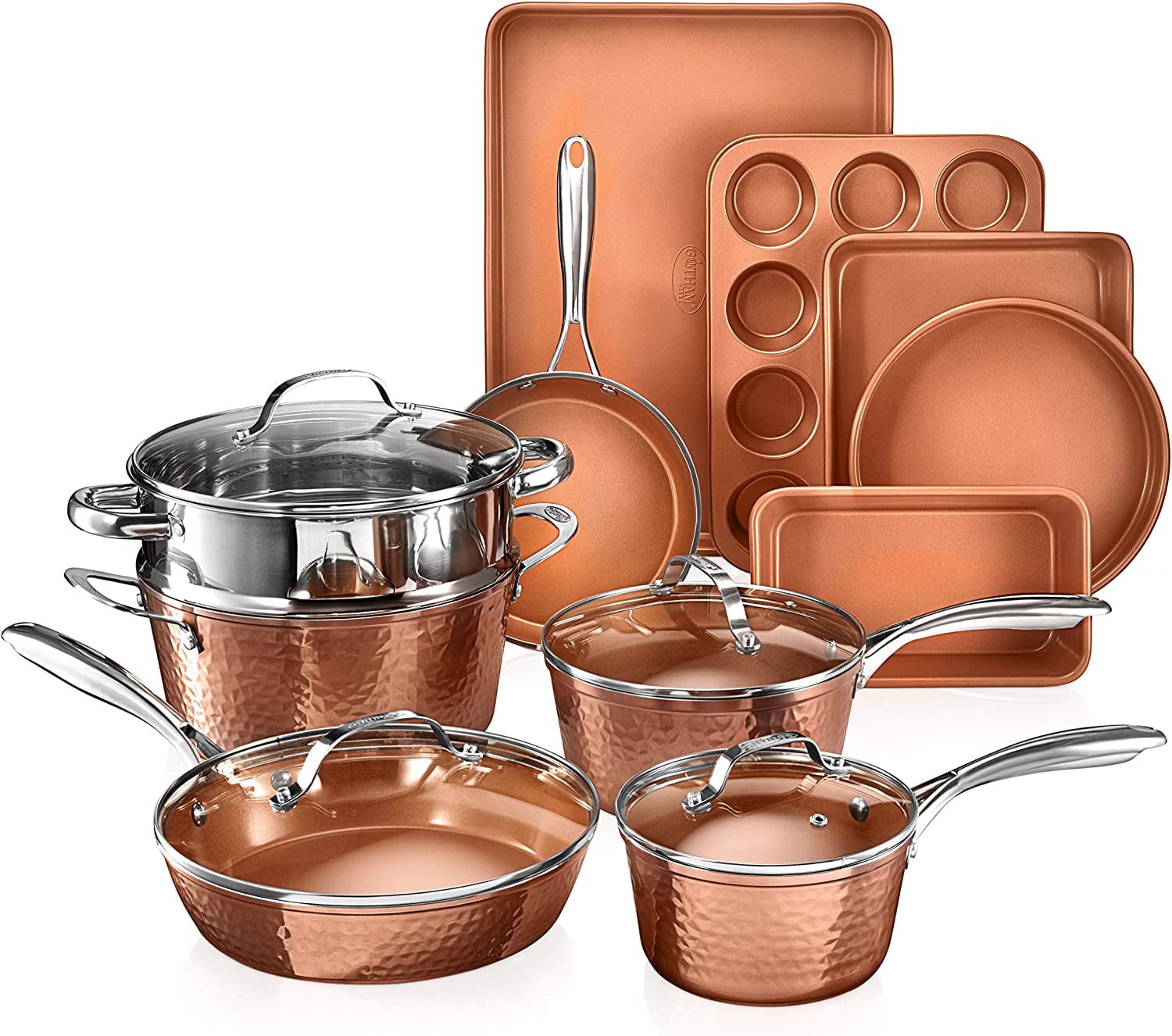 Gotham Steel Hammered Pots and Pans Set Nonstick, 15 Pc Elegant Kitchen