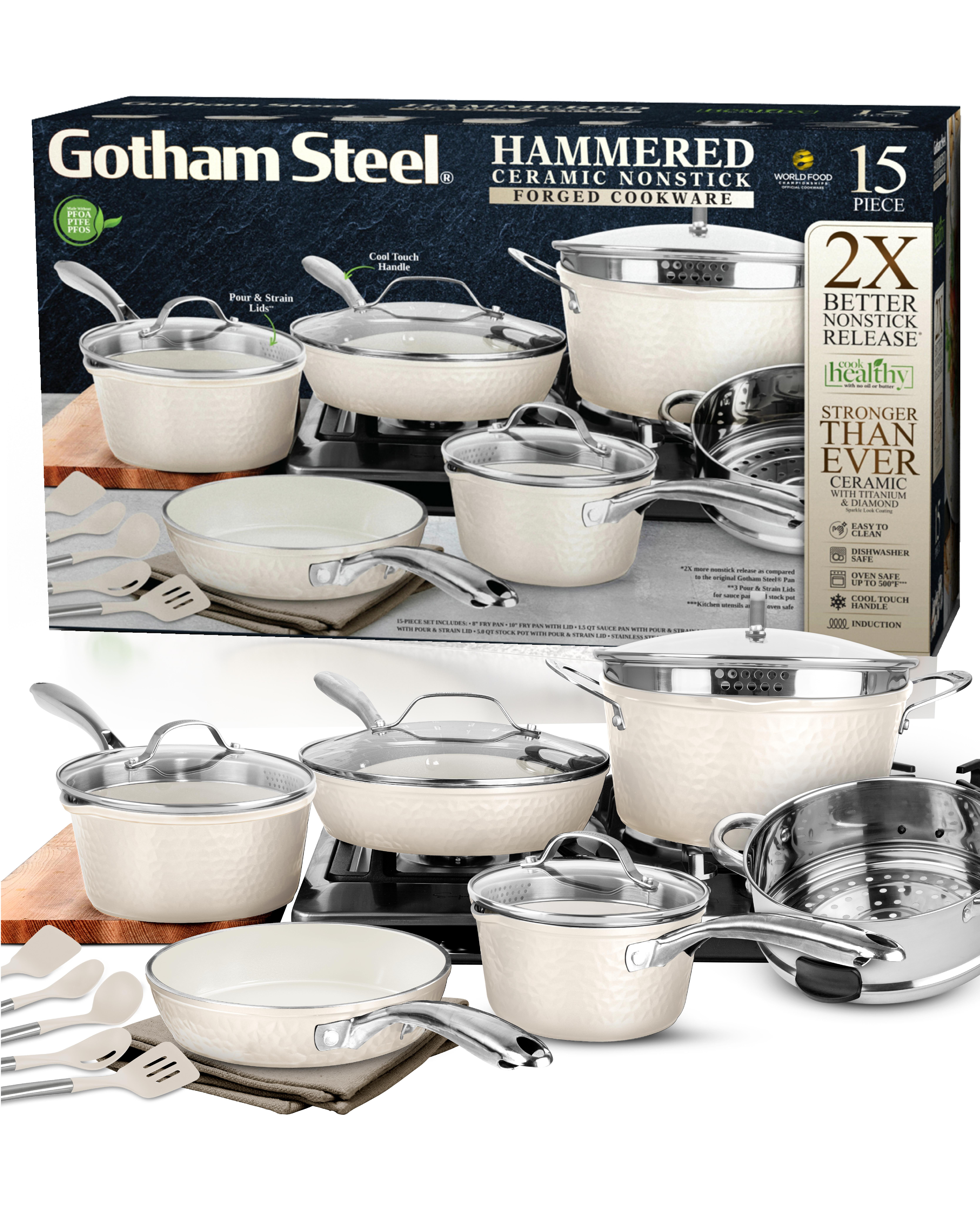 Cream Hammered 15-Piece Ceramic Nonstick Cookware Set with Utensils