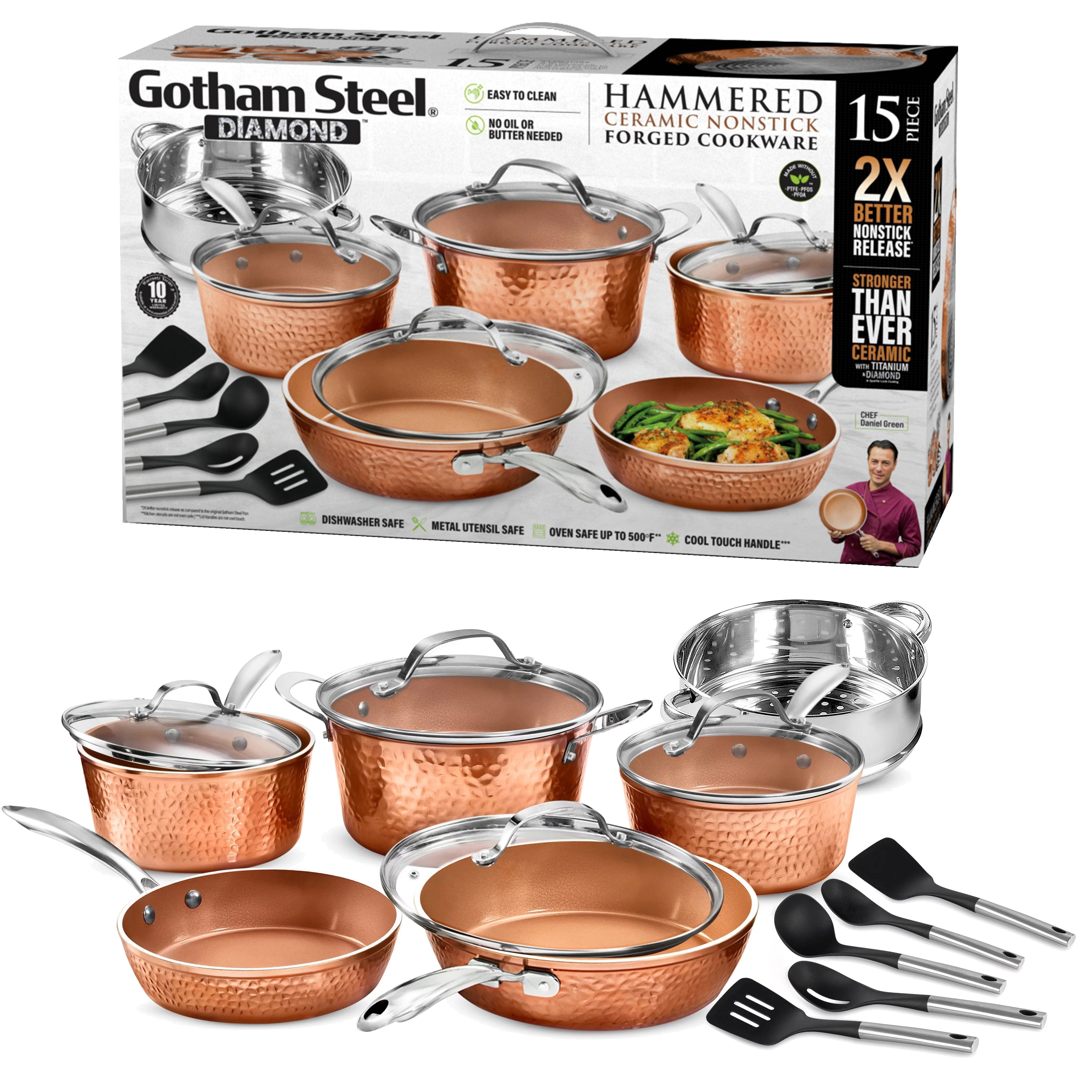 Gotham Steel Hammered Copper 10 Piece Nonstick Cookware Set, Stay
