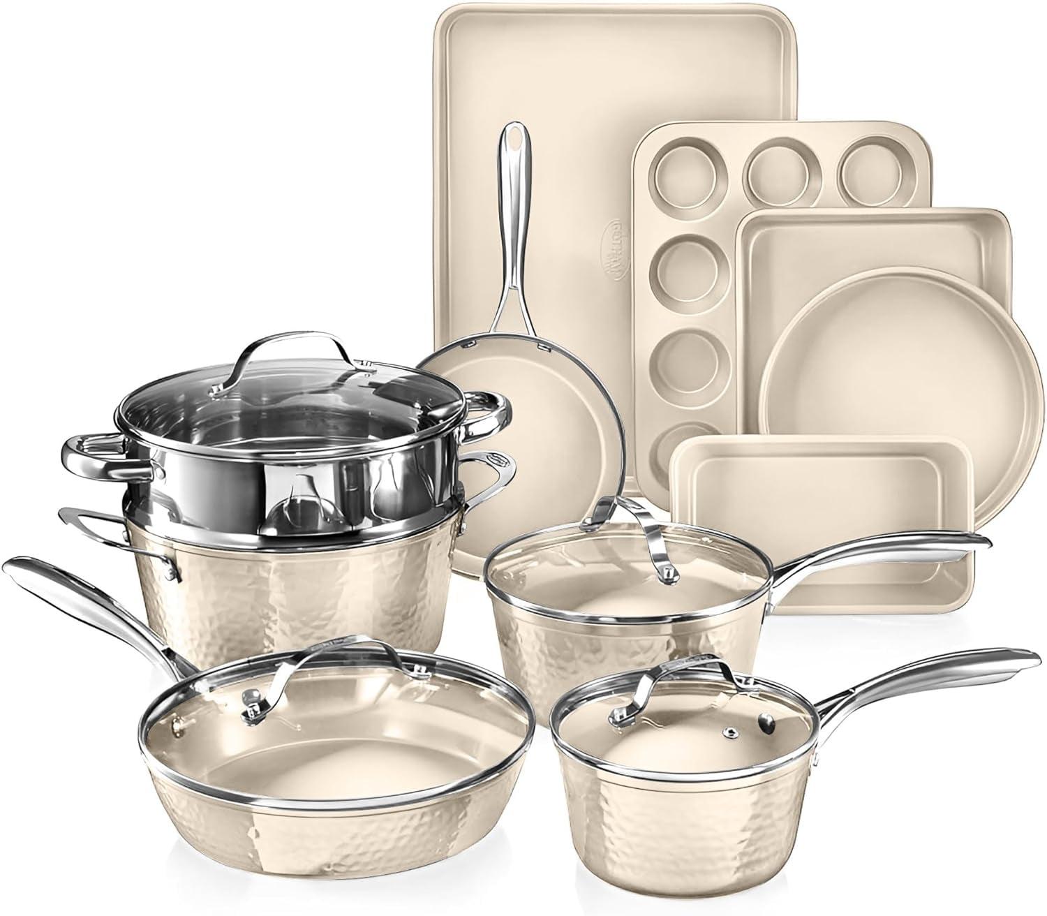 Cream Hammered 15-Piece Nonstick Ceramic Cookware and Bakeware Set