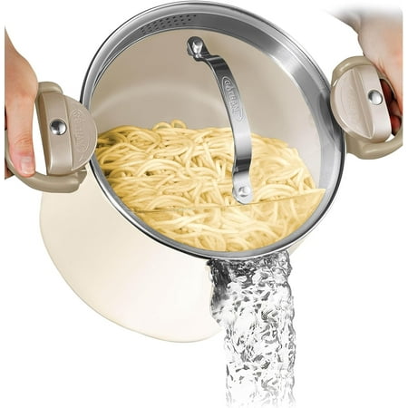 Gotham Steel Large Stock Pot 8 Quart Cooking Pasta Pot Nonstick Big Ceramic Soup Pot With Glass Lid Strainer Cream