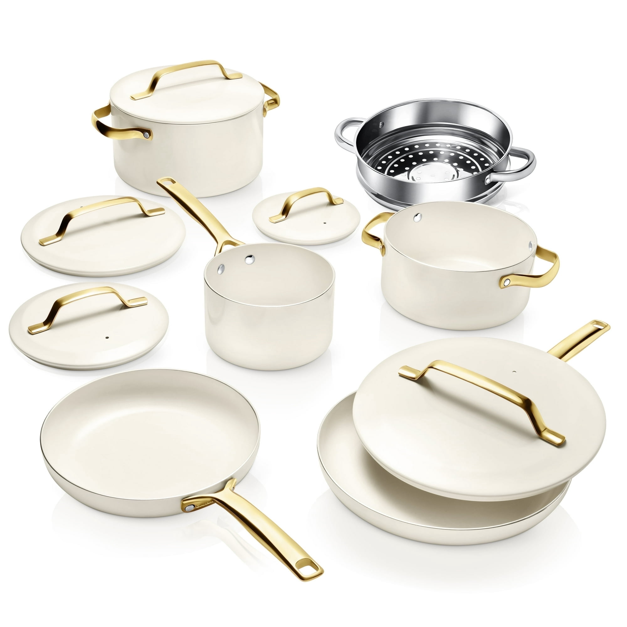 Gotham Steel Modern 11 Pc Ceramic Pots and Pans Set Non Stick, Kitchen Cookware Sets, Non Stick Pots and Pan Set, Ceramic Cookware Set, Pot and Pan Set, Non Toxic Cookware Set, Dishwasher Safe, Cream