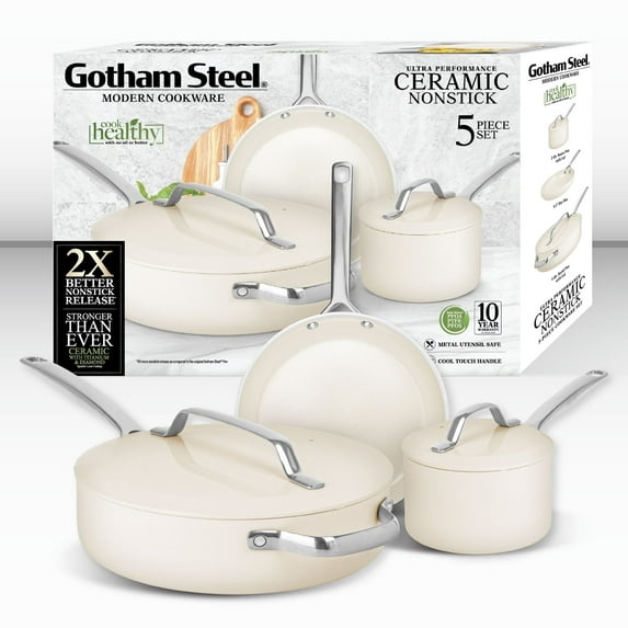 Gotham Steel Modern 5 Pc Ceramic Pots and Pans Set Non Stick, Kitchen Cookware Sets, Non Stick Pots and Pan Set, Ceramic Cookware Set, Pot and Pan Set, Non Toxic Cookware Set, Dishwasher Safe, Cream