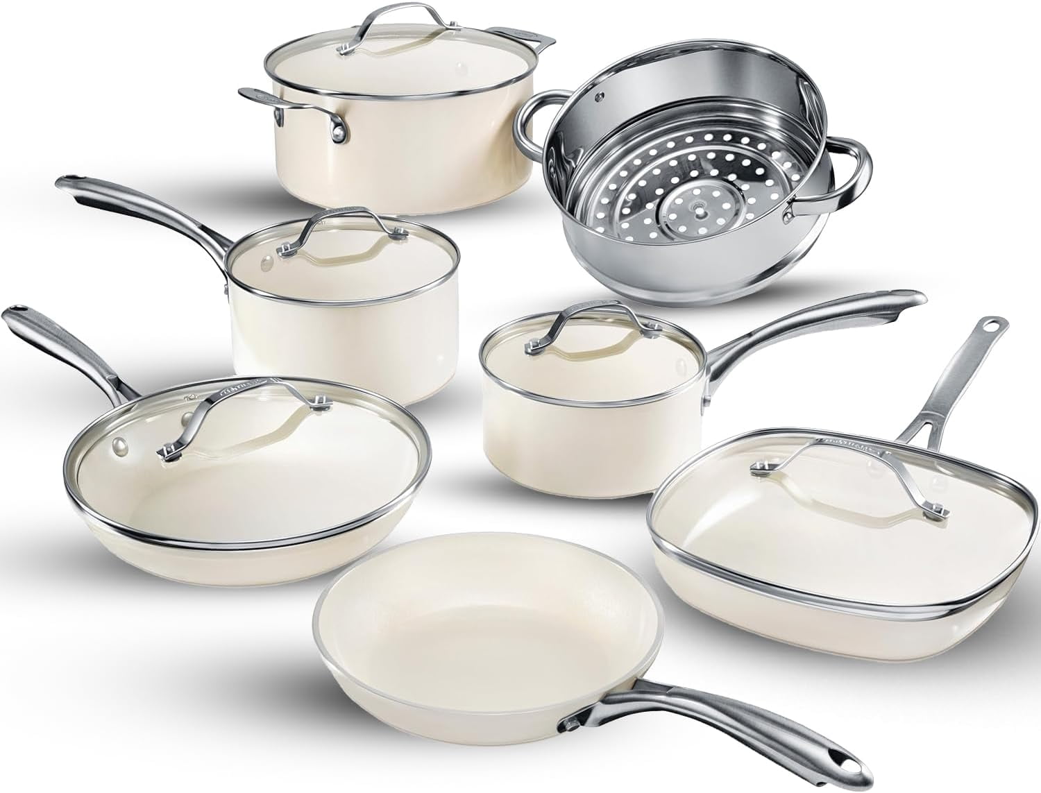 Cream 12-Piece Nonstick Aluminum and Stainless Steel Cookware Set
