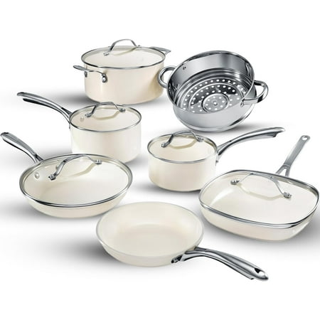 Gotham Steel Nonstick Pots and Pans Set 12 Piece Ceramic Cookware Kitchen Set with Frying Skillet, Saucepan | Cream