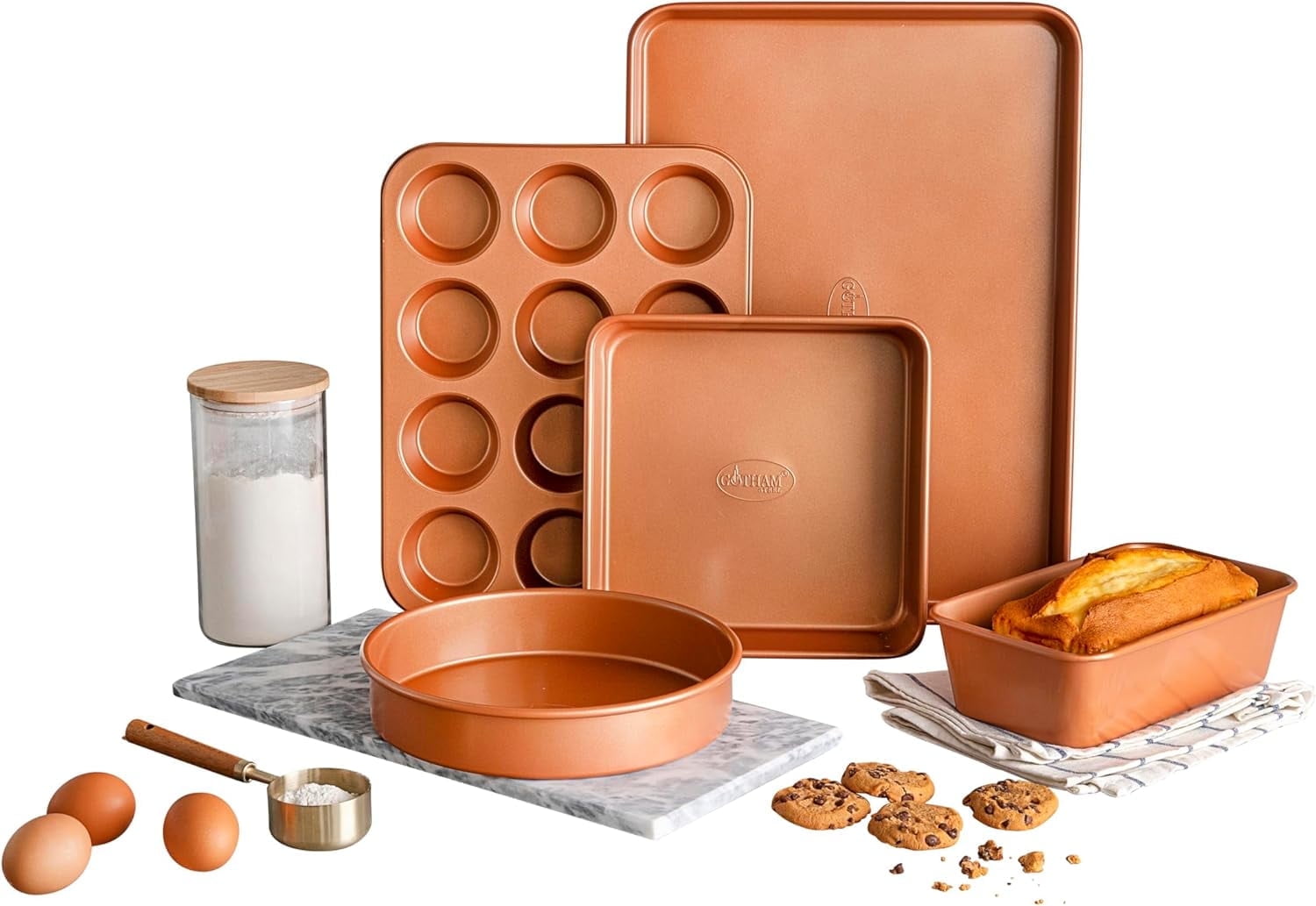 Gotham Steel Non Stick Ceramic Bakeware Set, 5 Piece Baking Set, Baking Pans Set with Round & Square Baking Pan, Muffin Pan, Loaf Pan & Baking Sheet, Oven/Dishwasher Safe