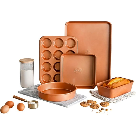 Gotham Steel Non Stick Ceramic Bakeware Set, 5 Piece Baking Set, Baking Pans Set with Round & Square Baking Pan, Muffin Pan, Loaf Pan & Baking Sheet, Oven/Dishwasher Safe
