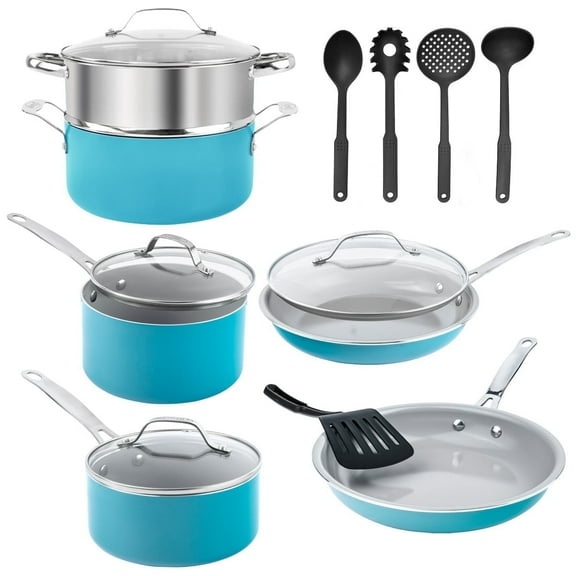 Gotham Steel 15 Pc Pots and Pans Set Non Stick, Cookware Set with Utensils, Nonstick Ceramic Pot and Pan Set, Titanium Infused and Diamond Reinforced, Dishwasher Safe, Blue