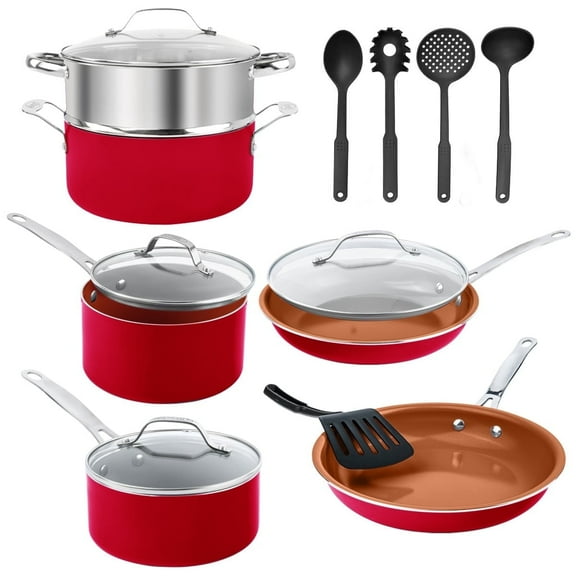 Gotham Steel 15 Pc Pots and Pans Set Non Stick, Cookware Set with Utensils, Nonstick Ceramic Pot and Pan Set, Titanium Infused and Diamond Reinforced, Dishwasher Safe, red