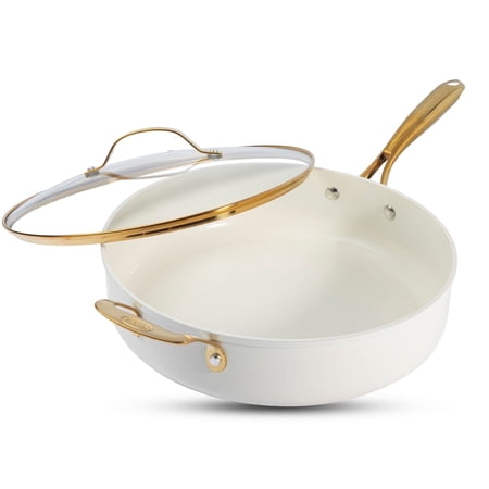 Gotham Steel 5.5 Qt Saute Pan with Lid, Diamond Reinforced Ceramic Nonstick Deep Frying Pan, Large Jumbo Cooker Frying Skillet with Stay Cool Handles, Oven & Dishwasher Safe, Cream/Gold Handles