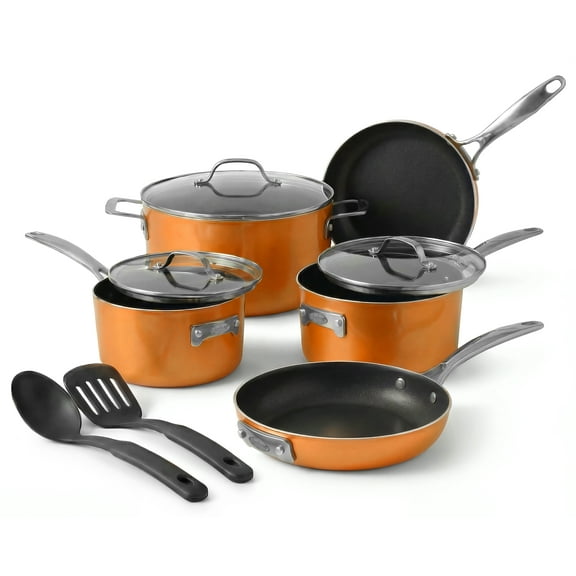 Gotham Steel Stackmaster 10 Pc Pots and Pans Set Non Stick Cookware Set with Kitchen Utensils, Induction Ready, Non Toxic Pot and Pan Set With Space Saving Design, Oven and Dishwasher Safe, Copper