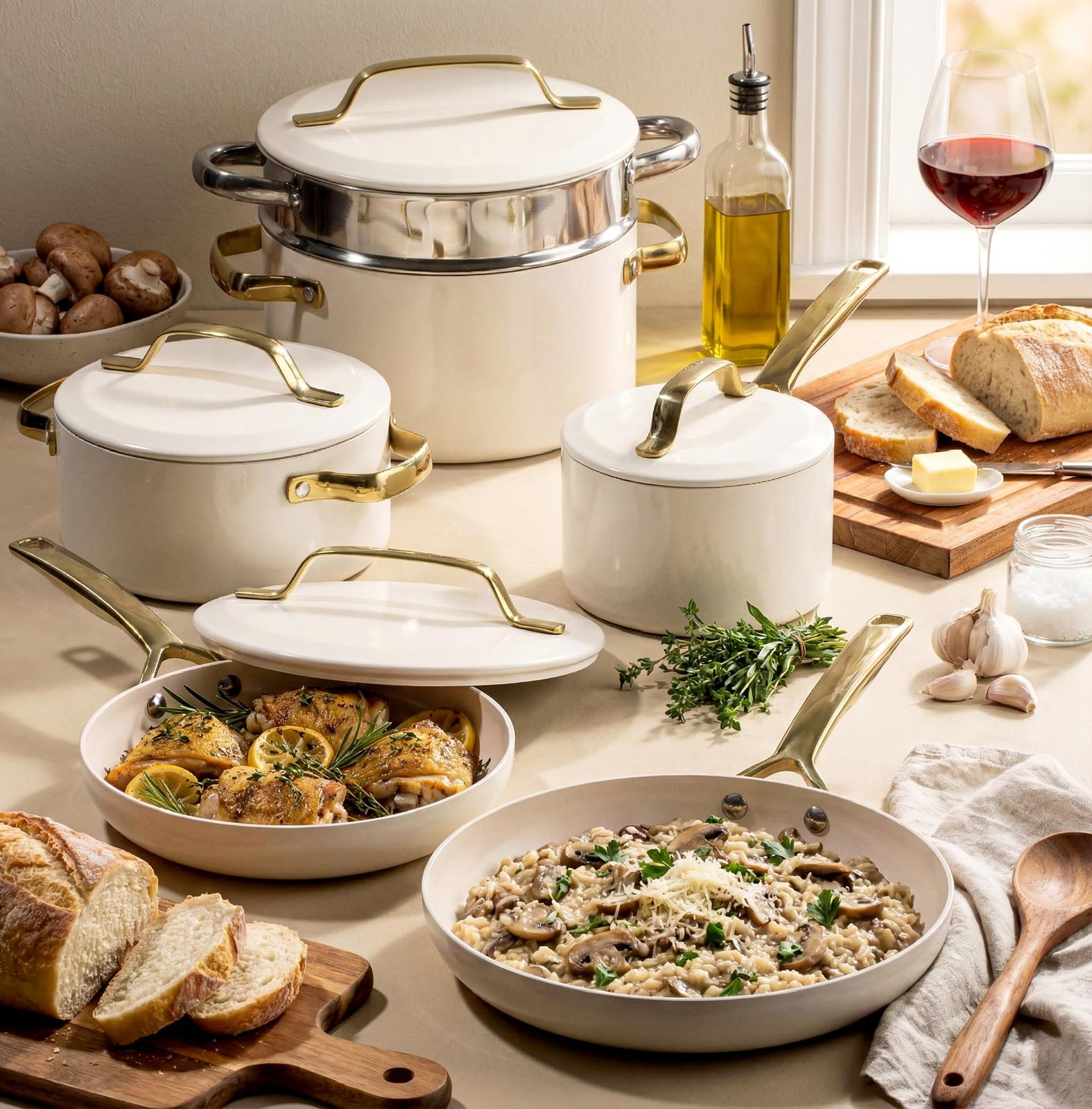 Gotham Steel Modern 11 Pc Ceramic Pots and Pans Set Non Stick, Kitchen Cookware Sets, Non Stick Pots and Pan Set, Ceramic Cookware Set, Pot and Pan Set, Non Toxic Cookware Set, Dishwasher Safe, Cream