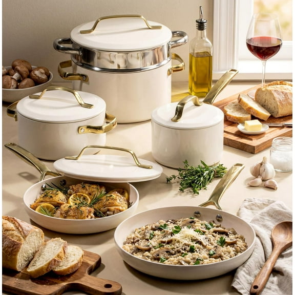 Gotham Steel Modern 11 Pc Ceramic Pots and Pans Set Non Stick, Kitchen Cookware Sets, Non Stick Pots and Pan Set, Ceramic Cookware Set, Pot and Pan Set, Non Toxic Cookware Set, Dishwasher Safe, Cream