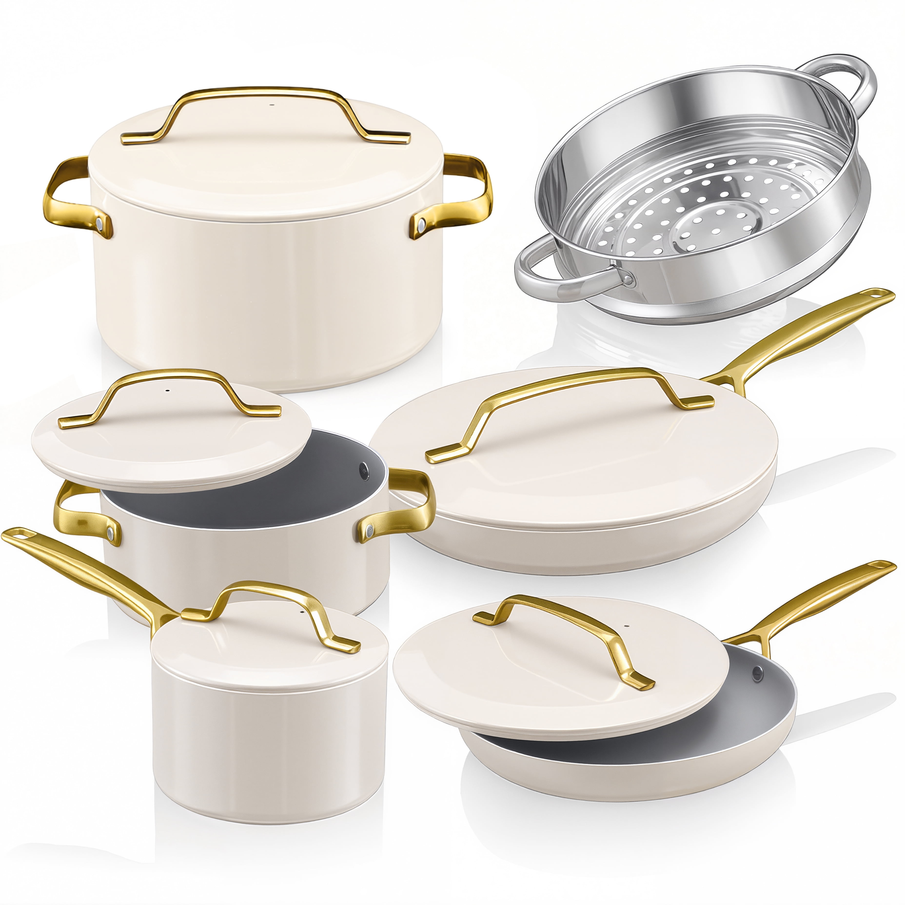 Gotham Steel Modern 11 Pc Ceramic Pots and Pans Set Non Stick, Kitchen Cookware Sets, Non Stick Pots and Pan Set, Ceramic Cookware Set, Pot and Pan Set, Non Toxic Cookware Set, Dishwasher Safe, Cream