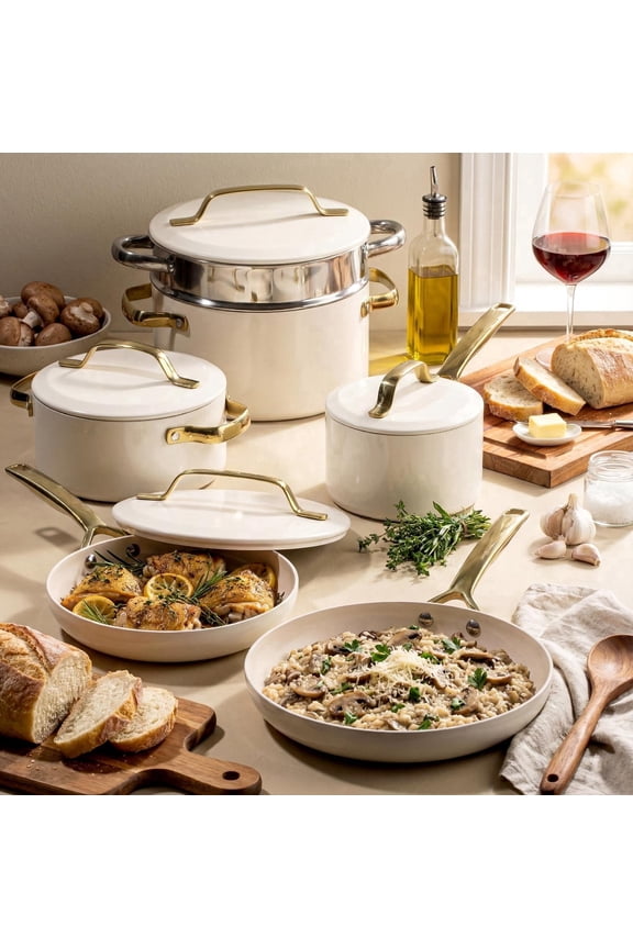 Modern 11 Pc Ceramic Pots and Pans Set Non Stick, Kitchen Cookware Sets, Non Stick Pots and Pan Set, Ceramic Cookware Set, Pot and Pan Set, Non Toxic Cookware Set, Dishwasher Safe, Cream