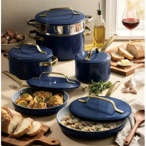 Gotham Steel Modern 11 Pc Ceramic Pots and Pans Set Non Stick, Kitchen Cookware Sets, Non Stick Pots and Pan Set, Ceramic Cookware Set, Pot and Pan Set, Non Toxic Cookware Set, Dishwasher Safe, Navy