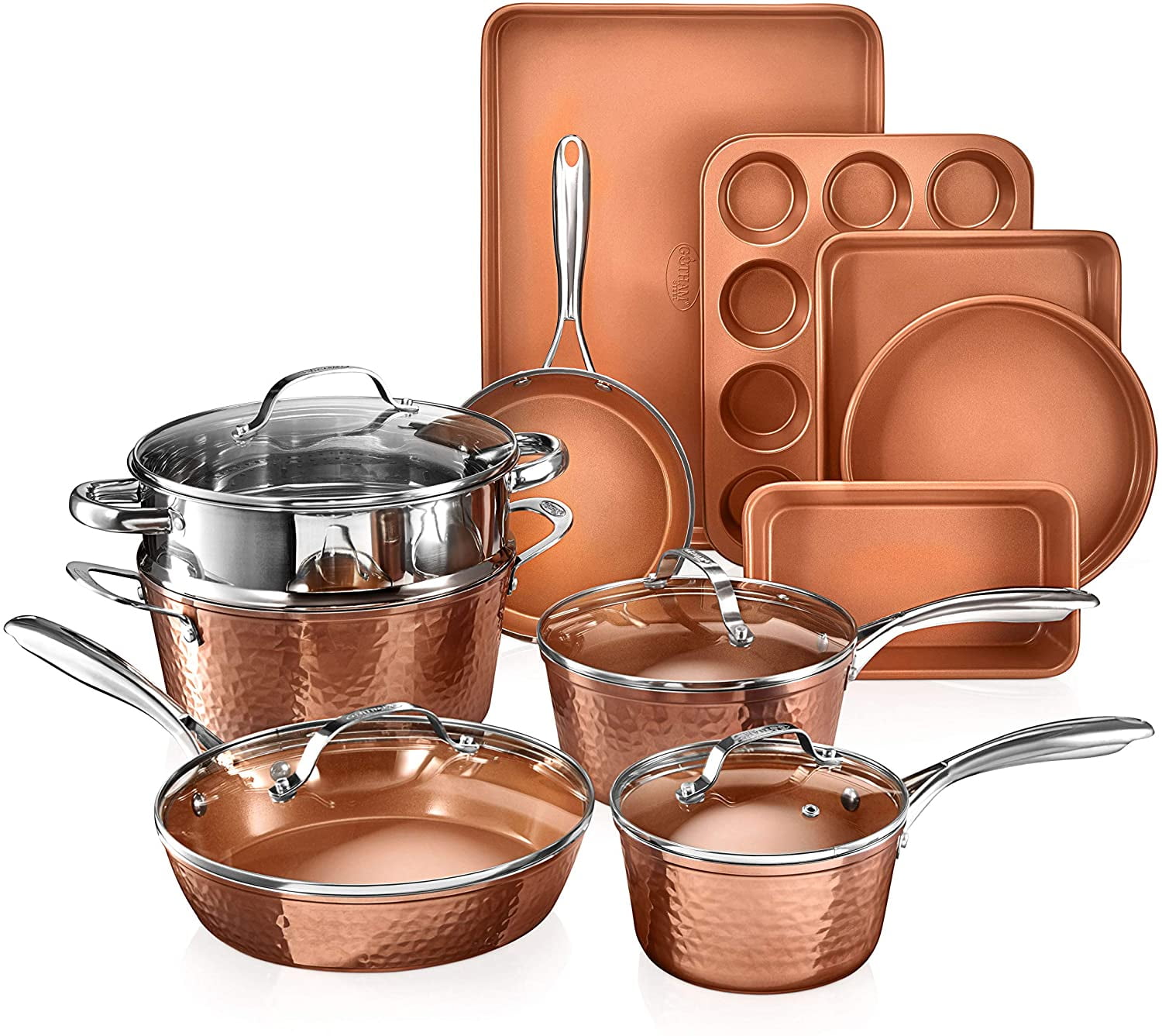 Hammered Copper 15-Piece Nonstick Aluminum Cookware and Bakeware Set