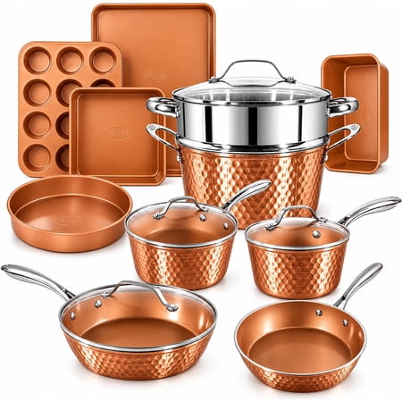 Gotham Steel Hammered 15 Pc Ceramic Cookware Set Nonstick, Deep Copper Pots and Pans Set Non Stick with Bakeware & Deep Fry Pan, Non Toxic Induction Oven and Dishwasher Safe