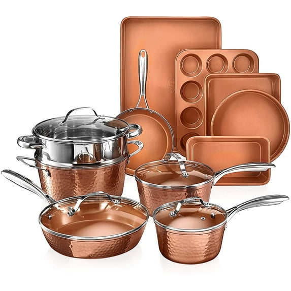 Gotham Steel Hammered 15 Pc Ceramic Cookware Set Nonstick, Deep Copper Pots and Pans Set Non Stick with Bakeware & Deep Fry Pan, Non Toxic Induction Oven and Dishwasher Safe