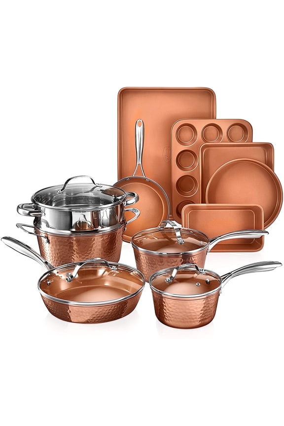 Hammered 15 Pc Ceramic Cookware Set Nonstick, Deep Copper Pots and Pans Set Non Stick with Bakeware & Deep Fry Pan, Non Toxic Induction Oven and Dishwasher Safe