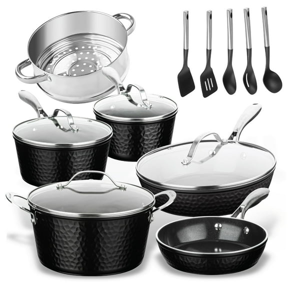 Gotham Steel Hammered 15 Pc Ceramic Pots and Pans Set Non stick, Ceramic Cookware Set with Utensils, Pots and Pans for Cooking, Non Toxic Pot and Pan Set, Kitchen Set, Oven/Dishwasher Safe, Black