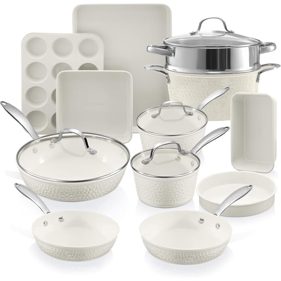 Gotham Steel Hammered 15 Pc Pots and Pans Set Non Stick Cookware Set, Pot and Pan Set Ceramic Cookware Set with Bakeware, Kitchen Cookware Sets, Non Toxic Non Stick Pots and Pan Set, Cream