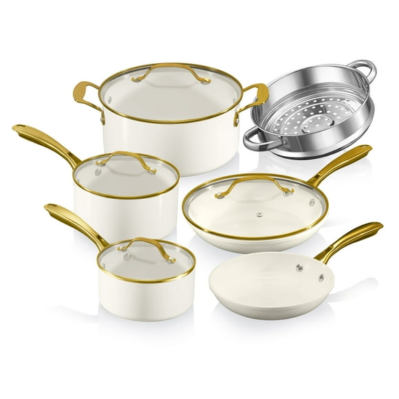 Gotham Steel 15 Pc Pots and Pans Set Non Stick Ceramic Cookware Set Non Stick, Elegant Pot and Pan Set with Gold Handle Finish, non stick pots and pan set with Utensils and Steamer, Cream/Gold