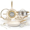 thumbnail image 1 of Gotham Steel 15 Pc Pots and Pans Set Non Stick Ceramic Cookware Set Non Stick, Elegant Pot and Pan Set with Gold Handle Finish, non stick pots and pan set with Utensils and Steamer, Cream/Gold, 1 of 9