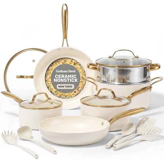 Gotham Steel 15 Pc Pots and Pans Set Non Stick Ceramic Cookware Set Non Stick, Elegant Pot and Pan Set with Gold Handle Finish, non stick pots and pan set with Utensils and Steamer, Cream/Gold