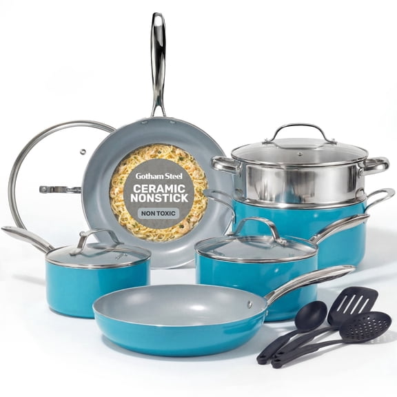 Gotham Steel 15 Pc Ceramic Pots and Pans Set Non Stick, Copper Cookeware Set with Utensils, Pot and Pan Set Nonstick, Induction Compatible with Stay Cool Handles, Aqua Blue