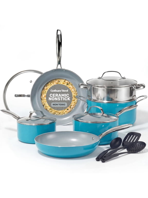 15 Pc Ceramic Pots and Pans Set Non Stick, Copper Cookeware Set with Utensils, Pot and Pan Set Nonstick, Induction Compatible with Stay Cool Handles, Aqua Blue