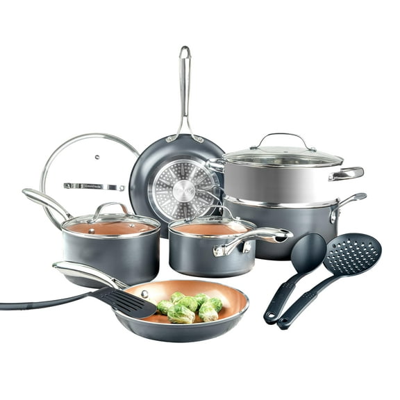 Gotham Steel 15 Pc Ceramic Pots and Pans Set Non Stick, Copper Cookeware Set with Utensils, Pot and Pan Set Nonstick, Induction Compatible with Stay Cool Handles, Copper