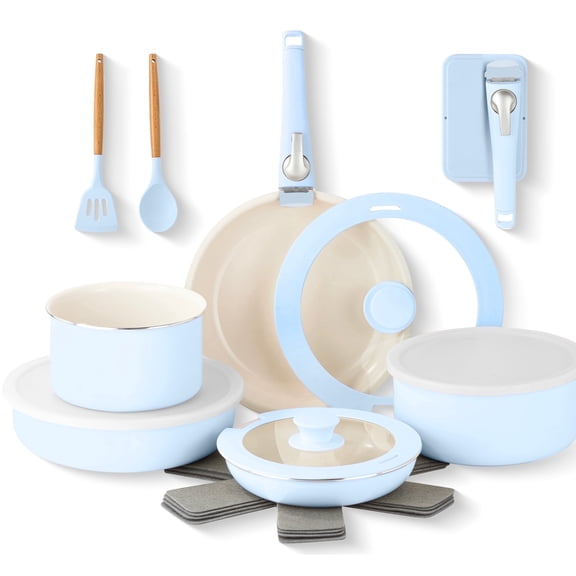 Gotham Steel 18 Pcs Pots and Pans set Non Stick, Ceramic Pan Cookware Set W/ Detachable Handle, RV Kitchen Cooking Set with Secure Lock Removable Handles, Oven Safe Nonstick Pan Set, Blue