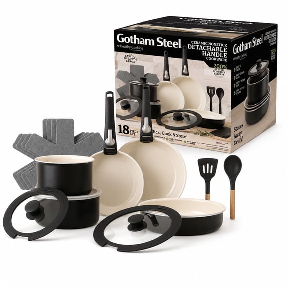 Gotham Steel Nonstick Pots and Pans 18 Piece Ceramic Induction Cookware Kitchen Set Detachable Handles Frying Skillet Cream