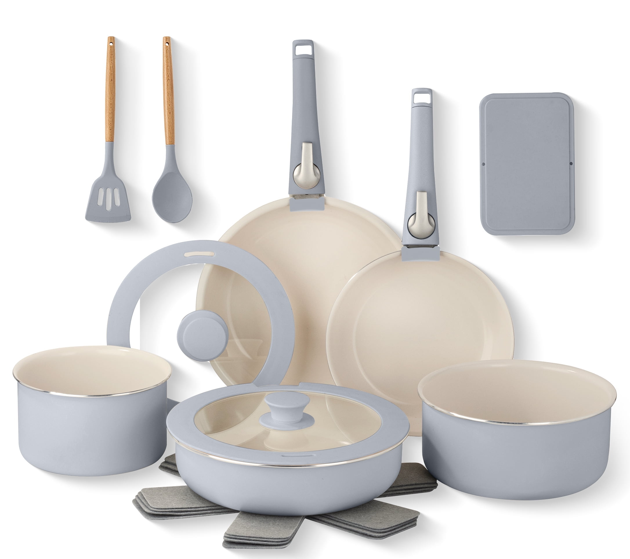 Gray and Cream Aluminum Ceramic Nonstick Cookware Set with Detachable Handles