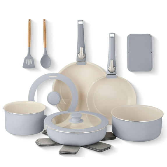 Gotham Steel 18 Pcs Pots and Pans set Non Stick, Ceramic Pan Cookware Set W/ Detachable Handle, RV Kitchen Cooking Set with Secure Lock Removable Handles, Oven Safe Nonstick Pan Set, Gray