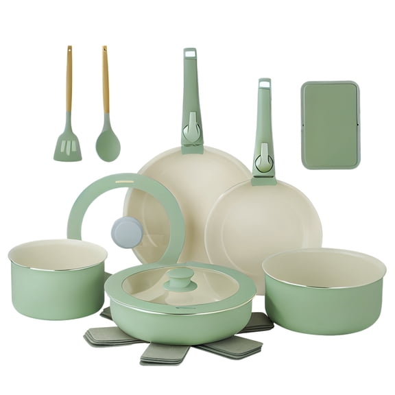 Gotham Steel 18 Pcs Pots and Pans set Non Stick, Ceramic Pan Cookware Set W/ Detachable Handle, RV Kitchen Cooking Set with Secure Lock Removable Handles, Oven Safe Nonstick Pan Set, Green