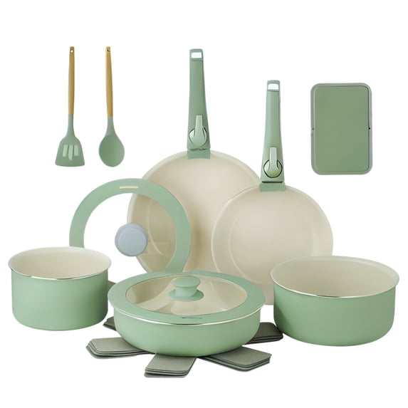 Gotham Steel 18 Pcs Pots and Pans set Non Stick, Ceramic Pan Cookware Set W/ Detachable Handle, RV Kitchen Cooking Set with Secure Lock Removable Handles, Oven Safe Nonstick Pan Set, Green
