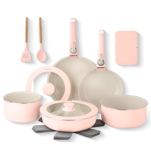Gotham Steel 18 Pcs Pots and Pans set Non Stick, Ceramic Pan Cookware Set W/ Detachable Handle, RV Kitchen Cooking Set with Secure Lock Removable Handles, Oven Safe Nonstick Pan Set, Pink