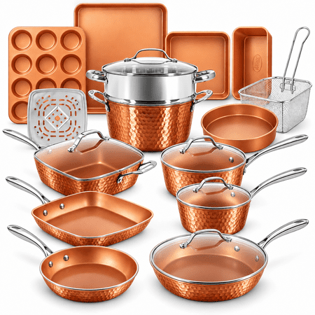 Gotham Steel Hammered 20 Pc Ceramic Cookware Set Nonstick, Induction Pots and Pans Set, Non Toxic Cookware Sets, Oven & Dishwasher Safe, Copper
